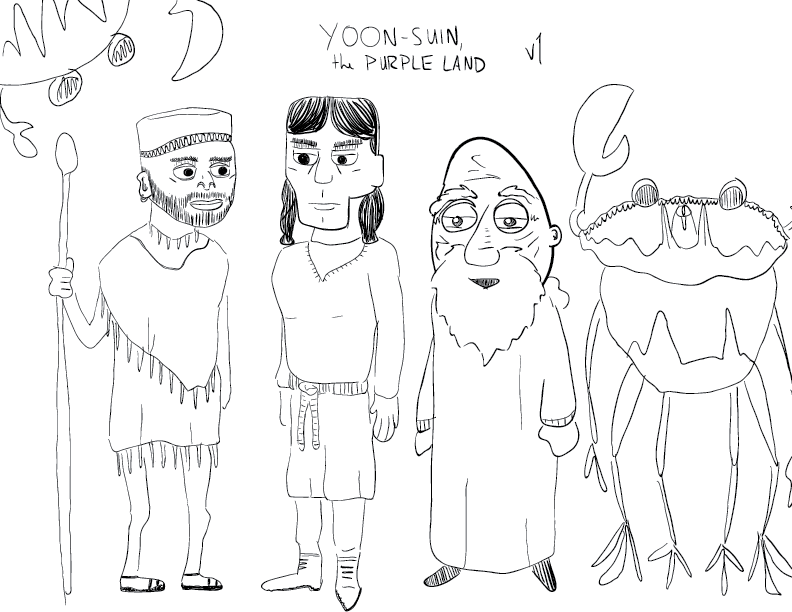 crude mono sketch of a few characters, including two crab people, two magicians, and a warrior