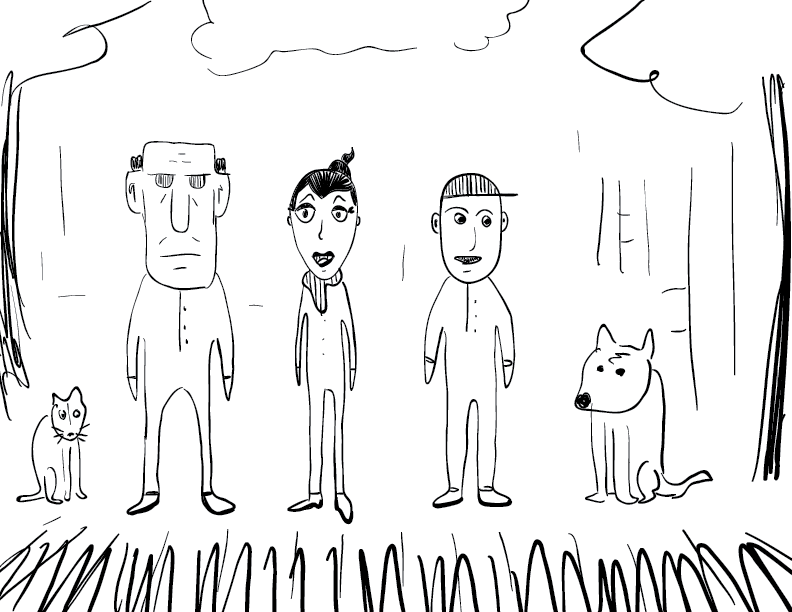 crude mono sketch of a family; mom, dad, son, dog, cat