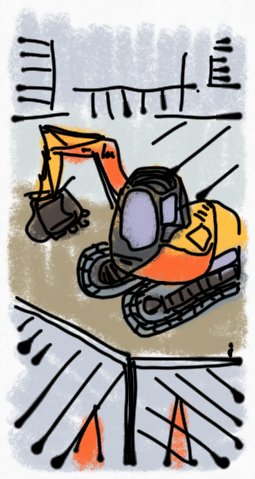 crude colour sketch of a construction machine in an abstracted urban environment